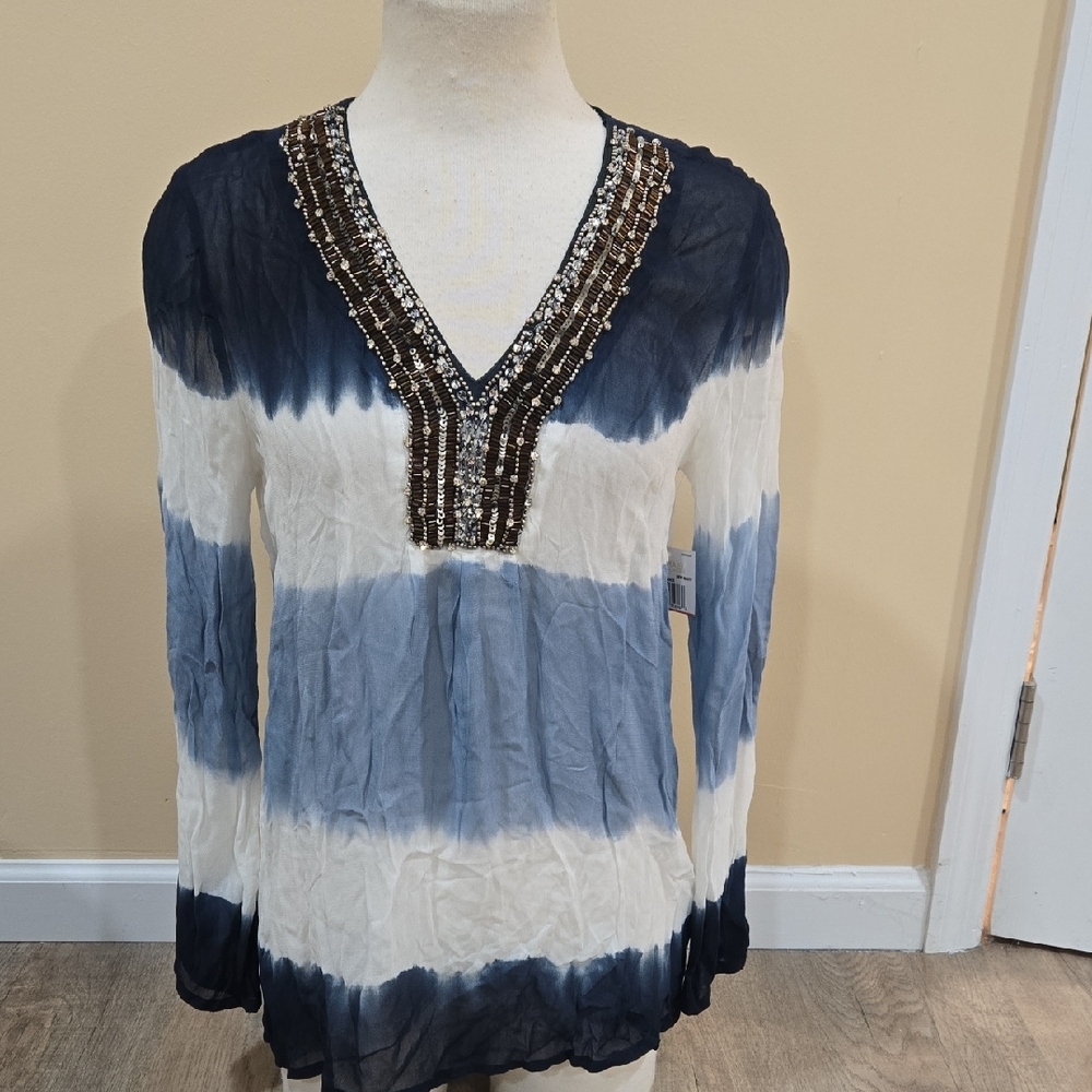 MICHAEL Michael Kors Blue and Gray Embellished Long Sleeve Blouse